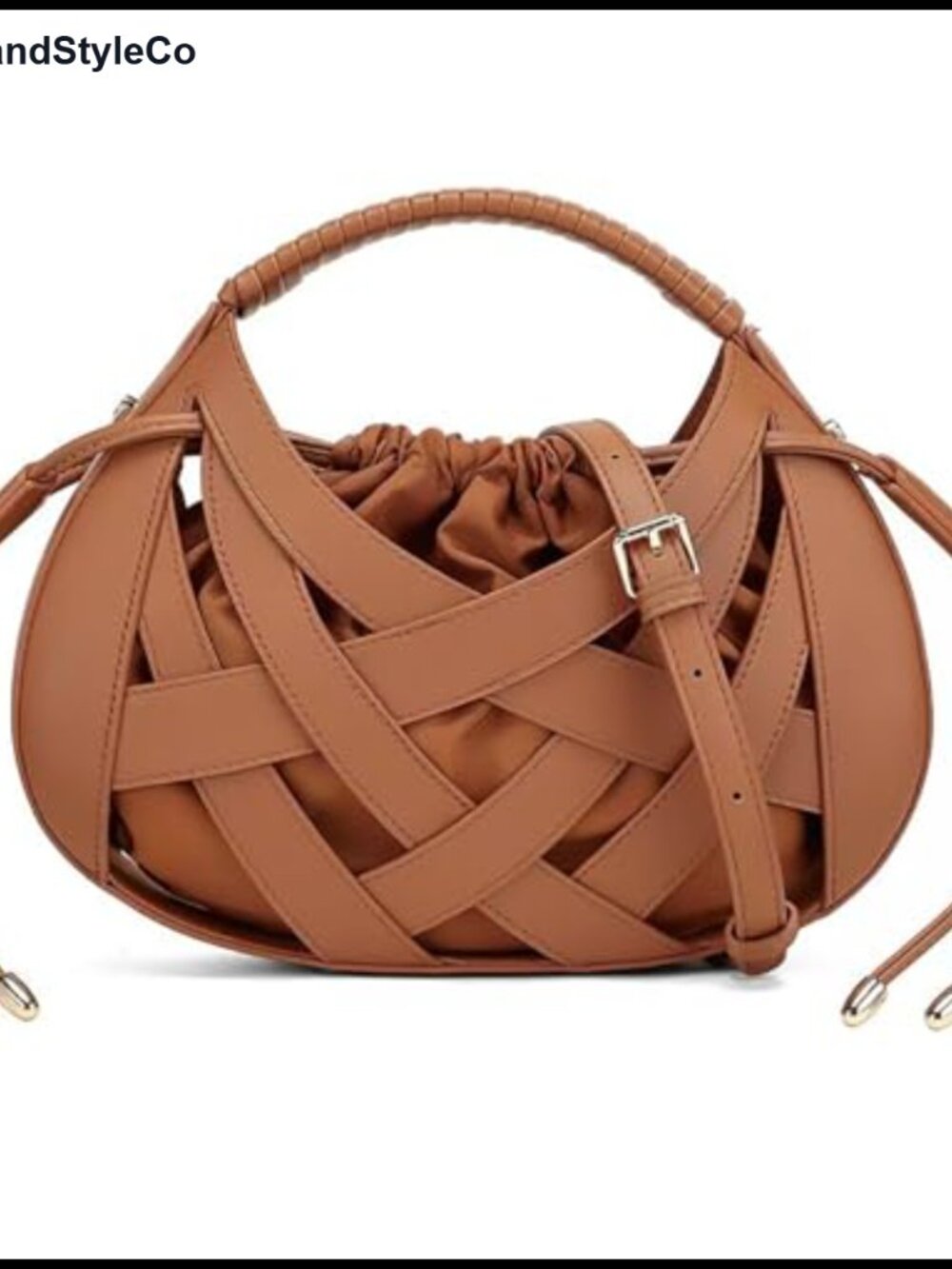 PU Leather Woven Basket Handbag Hobo Bucket Bag Crossbody Purse